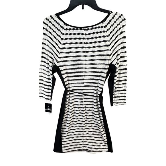 Studio One Knit Dress S Black White Diamond Striped Belted Stretch Work Career - Picture 5 of 14